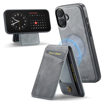 For iPhone 16 Plus Fierre Shann Cowhide Vertical Flip Magnetic Card Holder Phone Case(Grey) by FIERRE SHANN