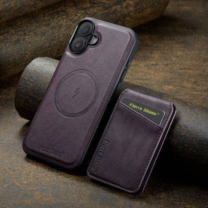 For iPhone 16 Plus Fierre Shann Cowhide Vertical Flip Magnetic Card Holder Phone Case(Purple) by FIERRE SHANN