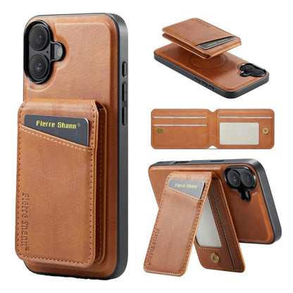 For iPhone 16 Fierre Shann Cowhide Vertical Flip Magnetic Card Holder Phone Case(Brown) by FIERRE SHANN
