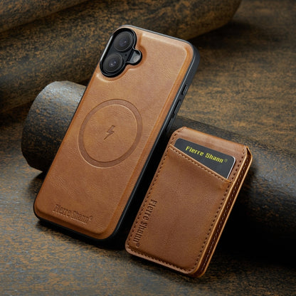 For iPhone 16 Fierre Shann Cowhide Vertical Flip Magnetic Card Holder Phone Case(Brown) by FIERRE SHANN