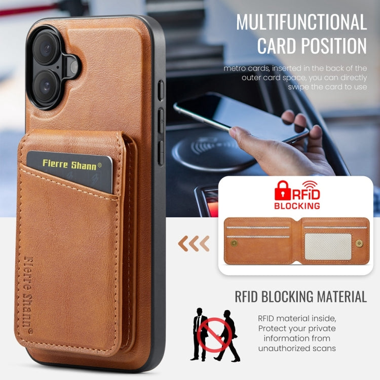For iPhone 16 Fierre Shann Cowhide Vertical Flip Magnetic Card Holder Phone Case(Brown) by FIERRE SHANN