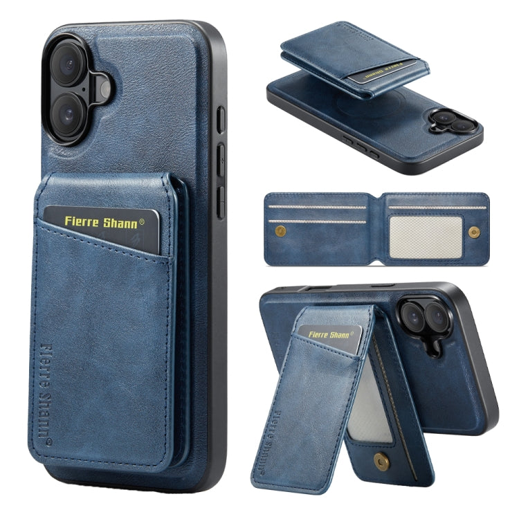 For iPhone 16 Fierre Shann Cowhide Vertical Flip Magnetic Card Holder Phone Case(Blue) by FIERRE SHANN