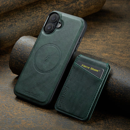 For iPhone 16 Fierre Shann Cowhide Vertical Flip Magnetic Card Holder Phone Case(Green) by FIERRE SHANN