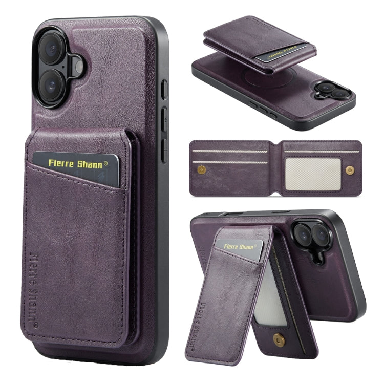 For iPhone 16 Fierre Shann Cowhide Vertical Flip Magnetic Card Holder Phone Case(Purple) by FIERRE SHANN