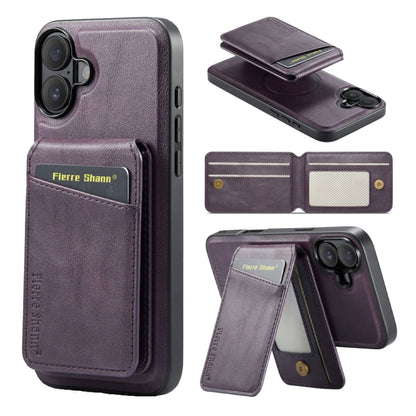 For iPhone 16 Fierre Shann Cowhide Vertical Flip Magnetic Card Holder Phone Case(Purple) by FIERRE SHANN