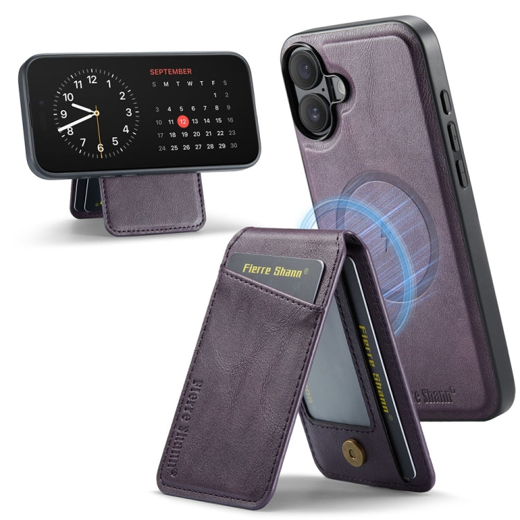For iPhone 16 Fierre Shann Cowhide Vertical Flip Magnetic Card Holder Phone Case(Purple) by FIERRE SHANN