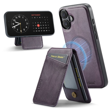 For iPhone 16 Fierre Shann Cowhide Vertical Flip Magnetic Card Holder Phone Case(Purple) by FIERRE SHANN