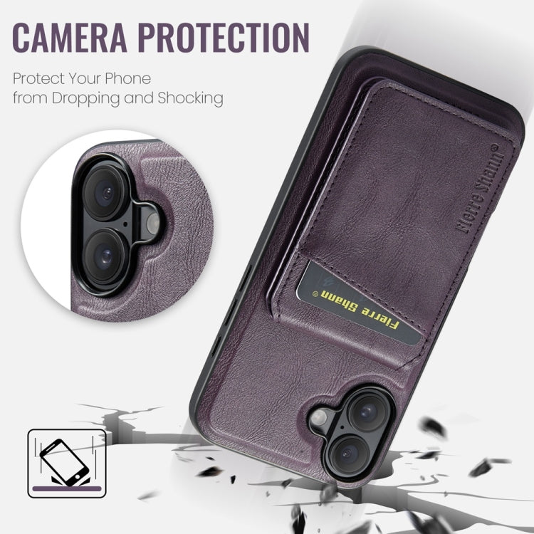 For iPhone 16 Fierre Shann Cowhide Vertical Flip Magnetic Card Holder Phone Case(Purple) by FIERRE SHANN