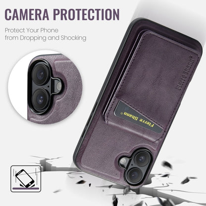 For iPhone 16 Fierre Shann Cowhide Vertical Flip Magnetic Card Holder Phone Case(Purple) by FIERRE SHANN