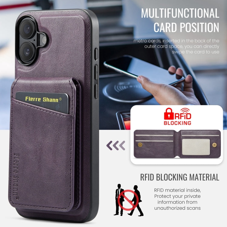 For iPhone 16 Fierre Shann Cowhide Vertical Flip Magnetic Card Holder Phone Case(Purple) by FIERRE SHANN