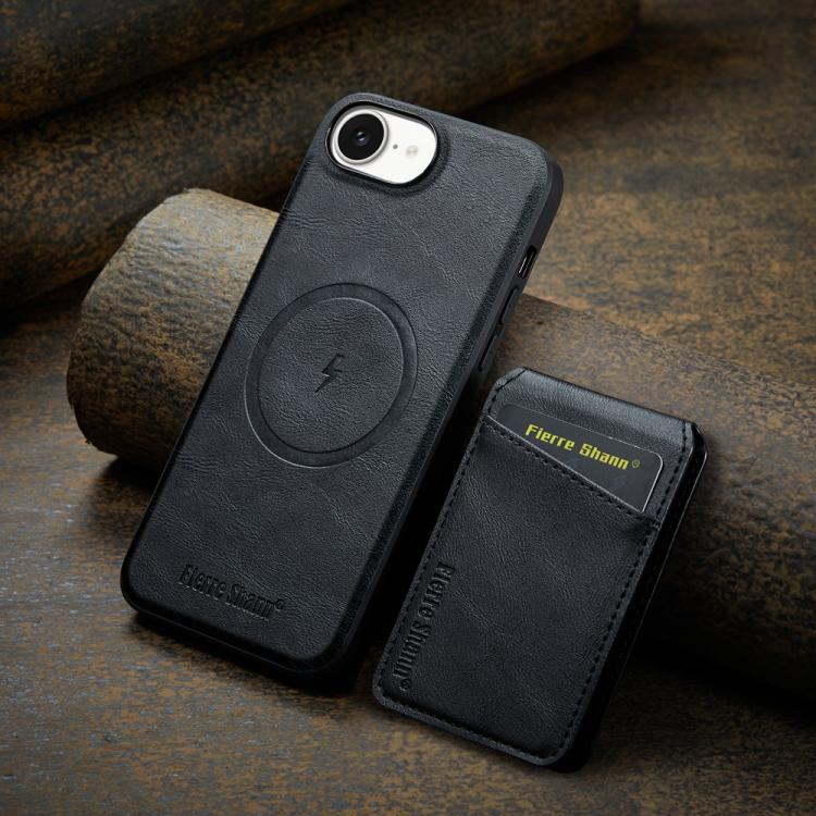 For iPhone 16e Fierre Shann Cowhide Vertical Flip Magnetic Card Holder Phone Case(Black) by FIERRE SHANN