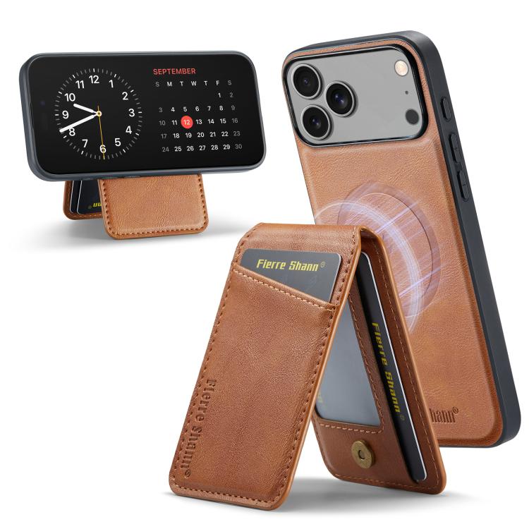 For iPhone 17 Pro Max Fierre Shann Cowhide Vertical Flip Magnetic Card Holder Phone Case(Brown) by FIERRE SHANN