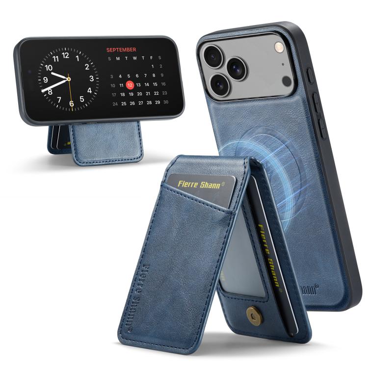 For iPhone 17 Pro Max Fierre Shann Cowhide Vertical Flip Magnetic Card Holder Phone Case(Blue) by FIERRE SHANN