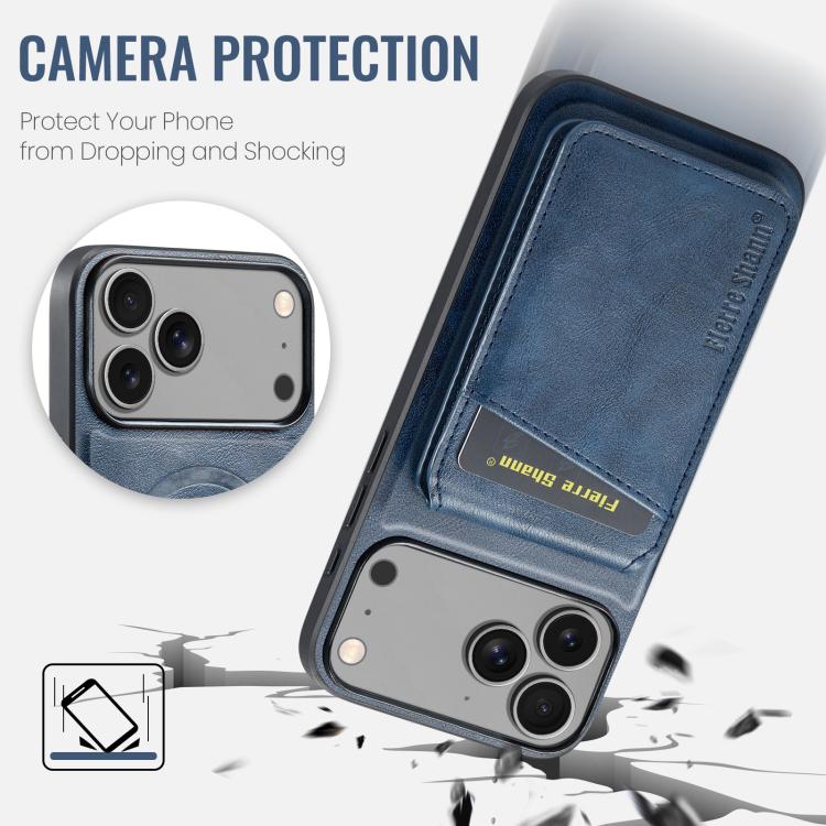 For iPhone 17 Pro Max Fierre Shann Cowhide Vertical Flip Magnetic Card Holder Phone Case(Blue) by FIERRE SHANN