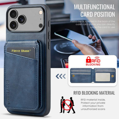 For iPhone 17 Pro Max Fierre Shann Cowhide Vertical Flip Magnetic Card Holder Phone Case(Blue) by FIERRE SHANN