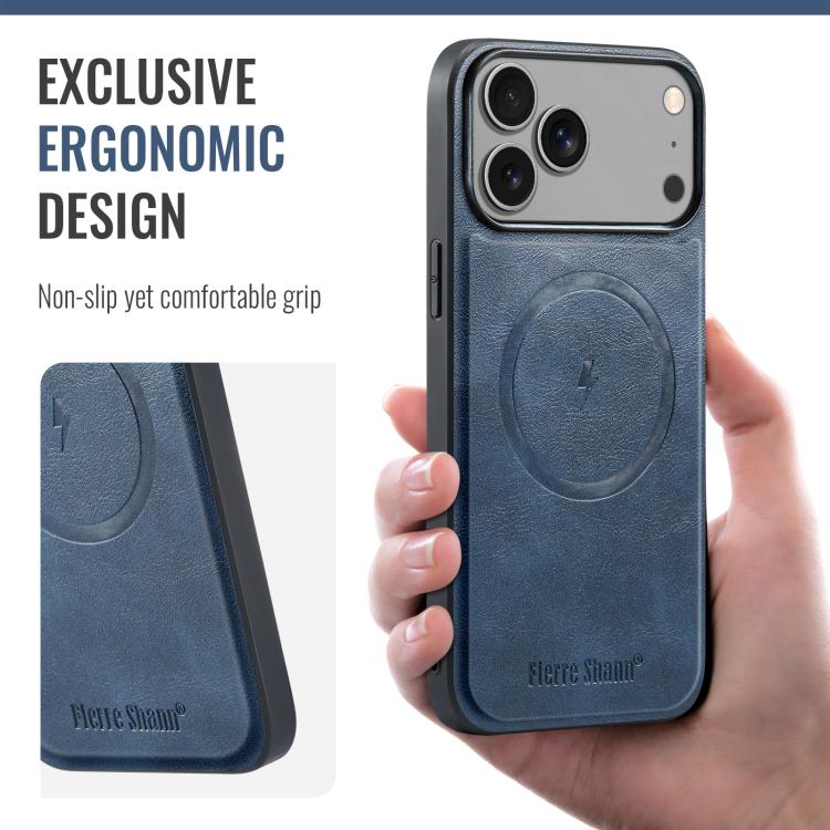 For iPhone 17 Pro Max Fierre Shann Cowhide Vertical Flip Magnetic Card Holder Phone Case(Blue) by FIERRE SHANN