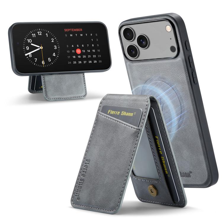 For iPhone 17 Pro Max Fierre Shann Cowhide Vertical Flip Magnetic Card Holder Phone Case(Grey) by FIERRE SHANN