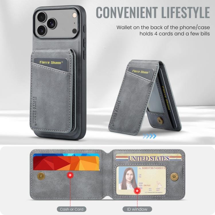 For iPhone 17 Pro Max Fierre Shann Cowhide Vertical Flip Magnetic Card Holder Phone Case(Grey) by FIERRE SHANN