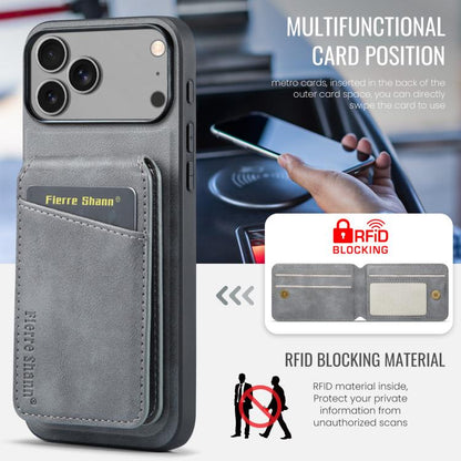 For iPhone 17 Pro Max Fierre Shann Cowhide Vertical Flip Magnetic Card Holder Phone Case(Grey) by FIERRE SHANN