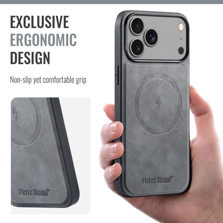 For iPhone 17 Pro Max Fierre Shann Cowhide Vertical Flip Magnetic Card Holder Phone Case(Grey) by FIERRE SHANN