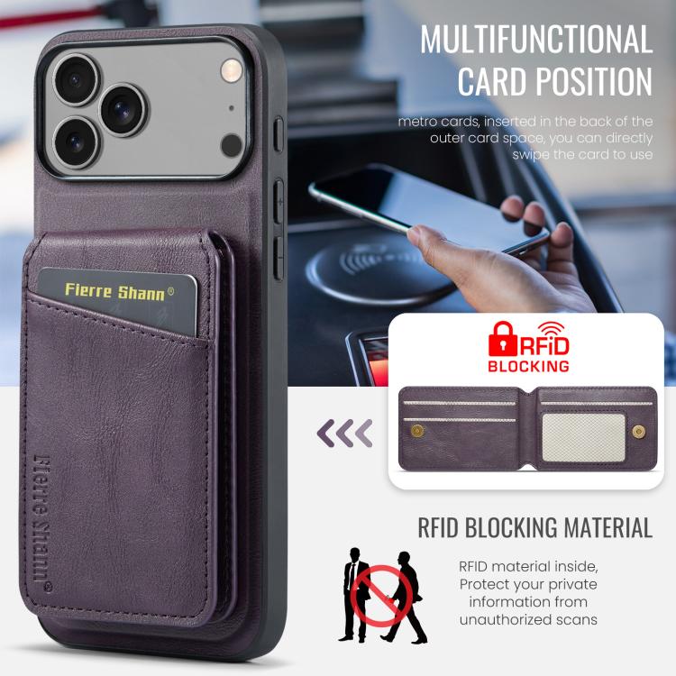 For iPhone 17 Pro Max Fierre Shann Cowhide Vertical Flip Magnetic Card Holder Phone Case(Purple) by FIERRE SHANN
