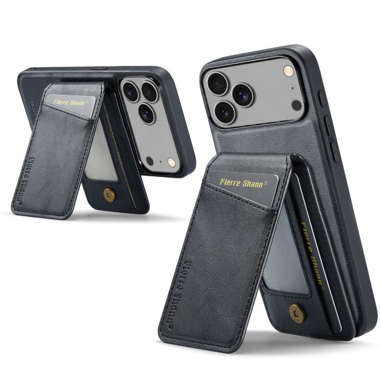 For iPhone 17 Pro Fierre Shann Cowhide Vertical Flip Magnetic Card Holder Phone Case(Black) by FIERRE SHANN