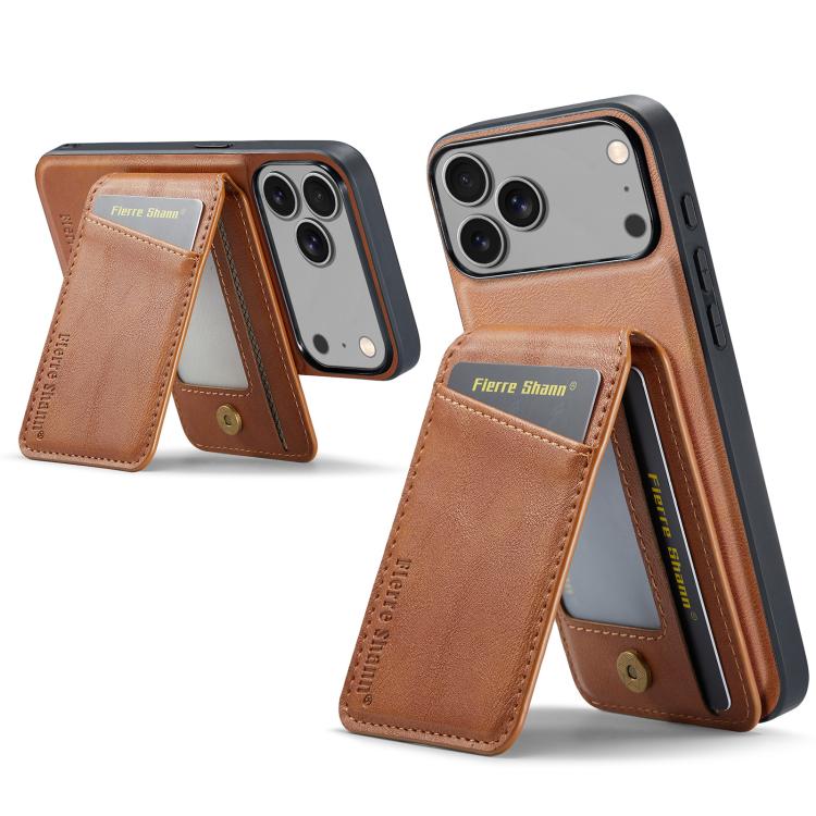For iPhone 17 Pro Fierre Shann Cowhide Vertical Flip Magnetic Card Holder Phone Case(Brown) by FIERRE SHANN
