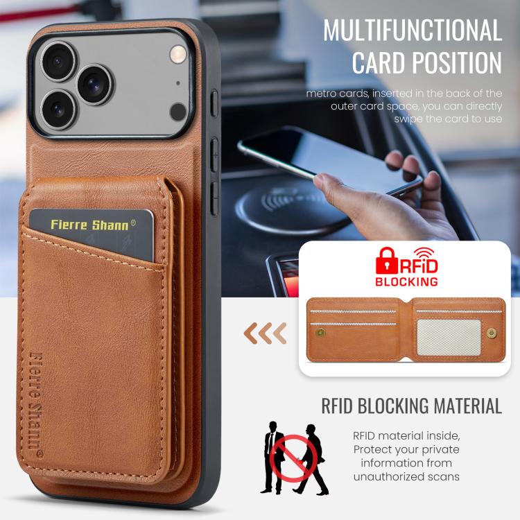 For iPhone 17 Pro Fierre Shann Cowhide Vertical Flip Magnetic Card Holder Phone Case(Brown) by FIERRE SHANN