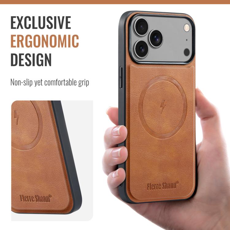 For iPhone 17 Pro Fierre Shann Cowhide Vertical Flip Magnetic Card Holder Phone Case(Brown) by FIERRE SHANN