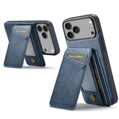 For iPhone 17 Pro Fierre Shann Cowhide Vertical Flip Magnetic Card Holder Phone Case(Blue) by FIERRE SHANN