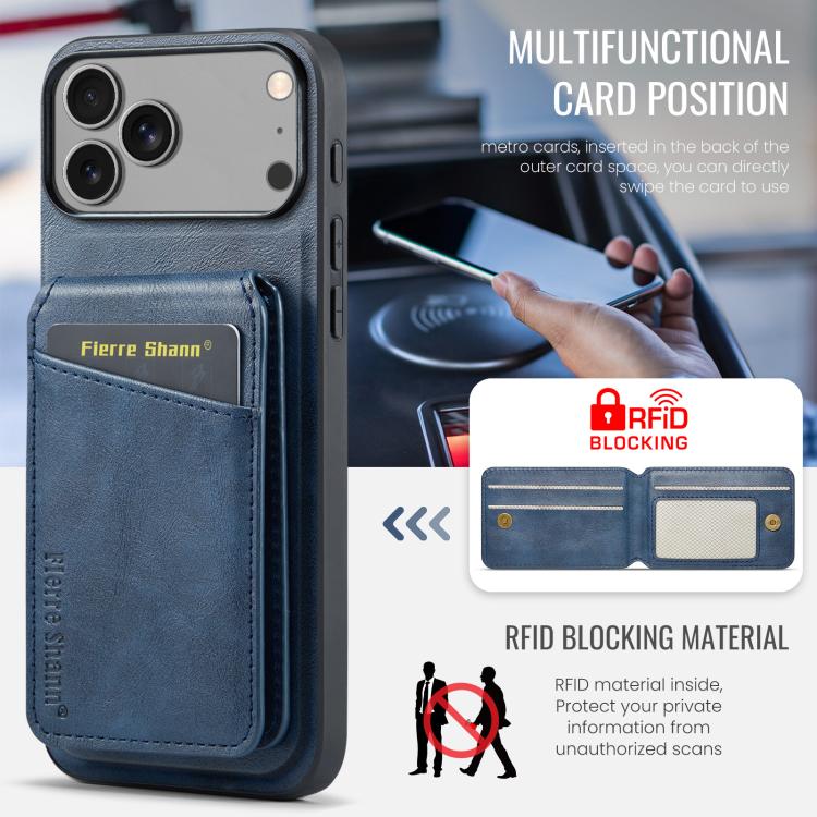 For iPhone 17 Pro Fierre Shann Cowhide Vertical Flip Magnetic Card Holder Phone Case(Blue) by FIERRE SHANN