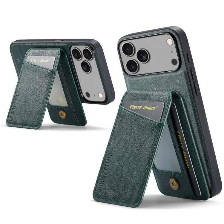 For iPhone 17 Pro Fierre Shann Cowhide Vertical Flip Magnetic Card Holder Phone Case(Green) by FIERRE SHANN