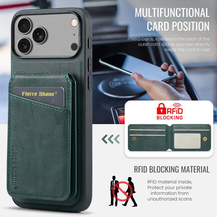 For iPhone 17 Pro Fierre Shann Cowhide Vertical Flip Magnetic Card Holder Phone Case(Green) by FIERRE SHANN