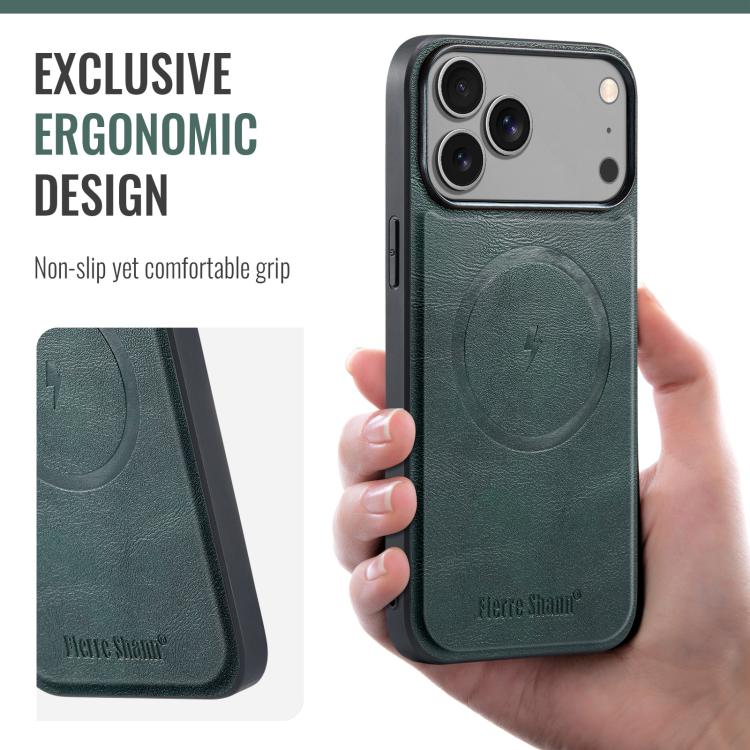For iPhone 17 Pro Fierre Shann Cowhide Vertical Flip Magnetic Card Holder Phone Case(Green) by FIERRE SHANN