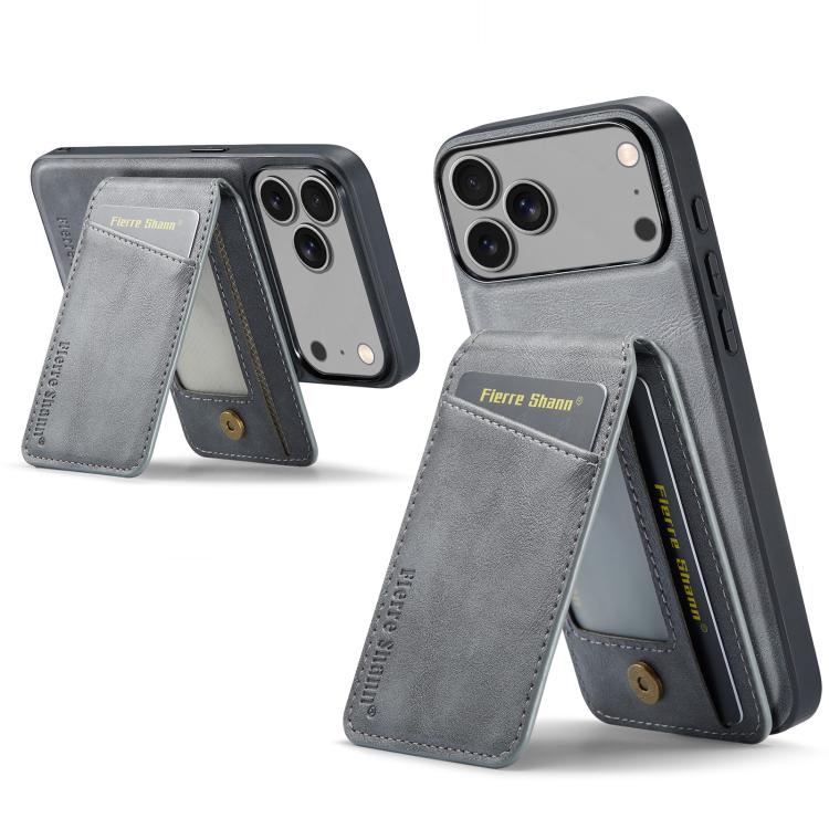 For iPhone 17 Pro Fierre Shann Cowhide Vertical Flip Magnetic Card Holder Phone Case(Grey) by FIERRE SHANN