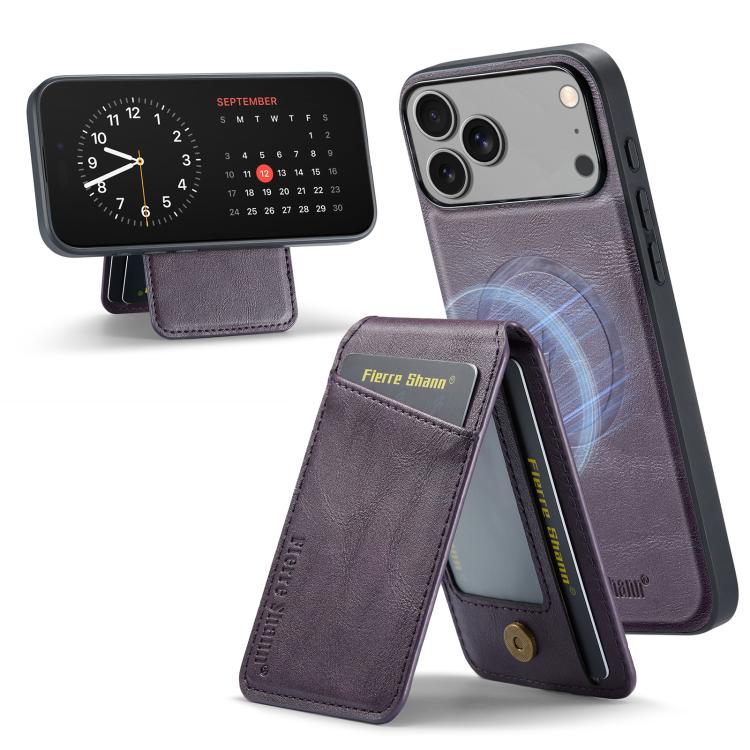 For iPhone 17 Pro Fierre Shann Cowhide Vertical Flip Magnetic Card Holder Phone Case(Purple) by FIERRE SHANN