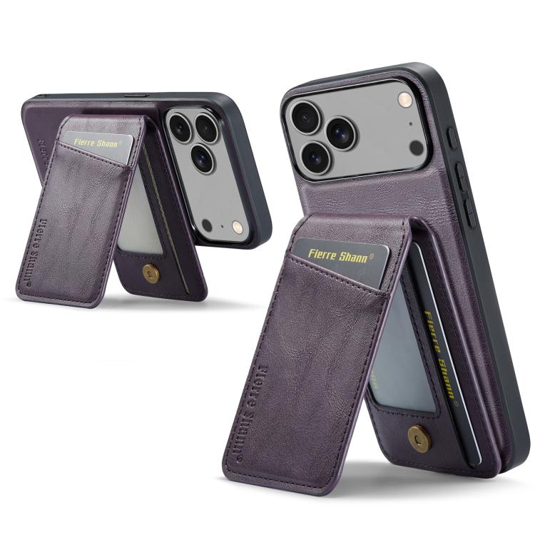 For iPhone 17 Pro Fierre Shann Cowhide Vertical Flip Magnetic Card Holder Phone Case(Purple) by FIERRE SHANN