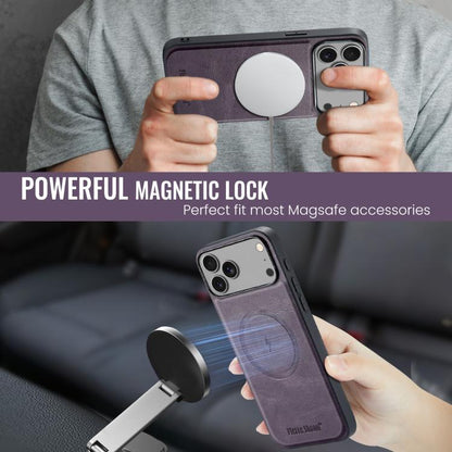 For iPhone 17 Pro Fierre Shann Cowhide Vertical Flip Magnetic Card Holder Phone Case(Purple) by FIERRE SHANN