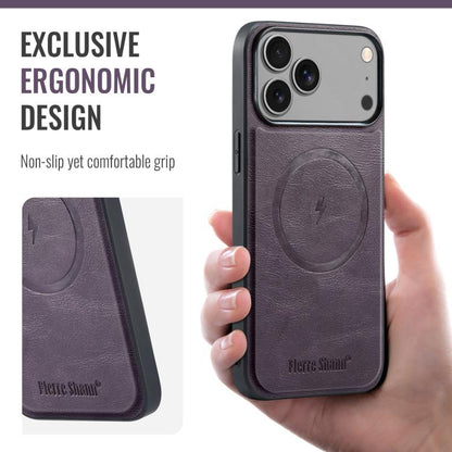 For iPhone 17 Pro Fierre Shann Cowhide Vertical Flip Magnetic Card Holder Phone Case(Purple) by FIERRE SHANN