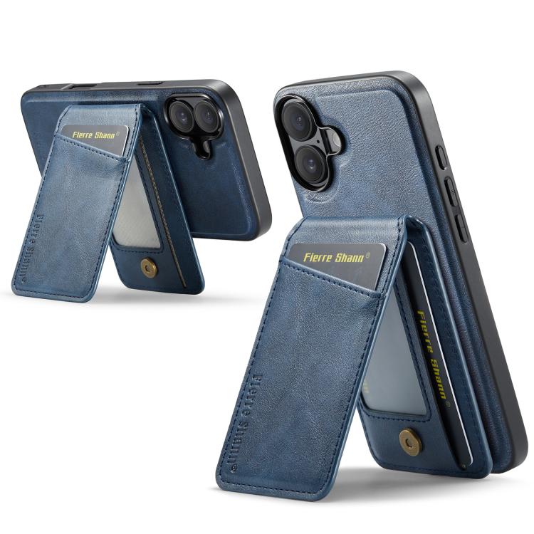 For iPhone 17 Fierre Shann Cowhide Vertical Flip Magnetic Card Holder Phone Case(Blue) by FIERRE SHANN
