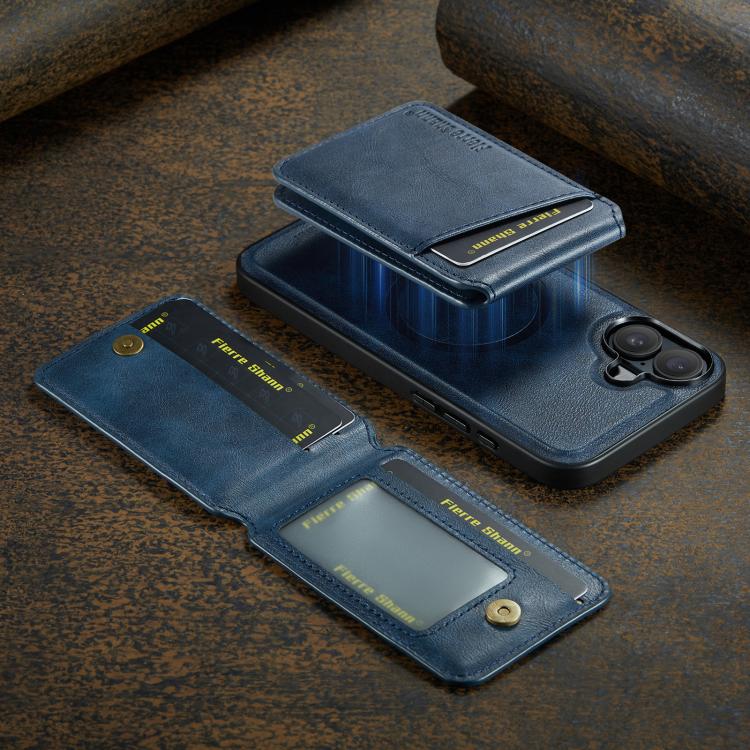 For iPhone 17 Fierre Shann Cowhide Vertical Flip Magnetic Card Holder Phone Case(Blue) by FIERRE SHANN