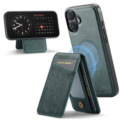 For iPhone 17 Fierre Shann Cowhide Vertical Flip Magnetic Card Holder Phone Case(Green) by FIERRE SHANN