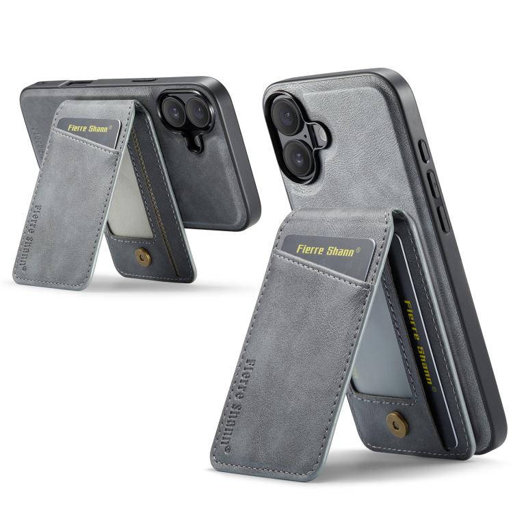 For iPhone 17 Fierre Shann Cowhide Vertical Flip Magnetic Card Holder Phone Case(Grey) by FIERRE SHANN