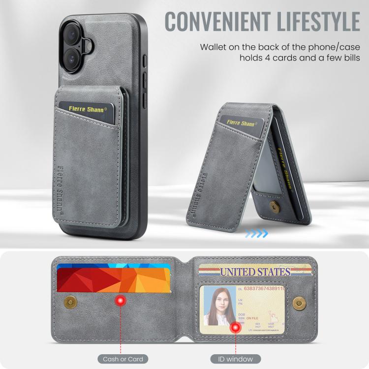 For iPhone 17 Fierre Shann Cowhide Vertical Flip Magnetic Card Holder Phone Case(Grey) by FIERRE SHANN
