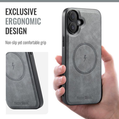 For iPhone 17 Fierre Shann Cowhide Vertical Flip Magnetic Card Holder Phone Case(Grey) by FIERRE SHANN