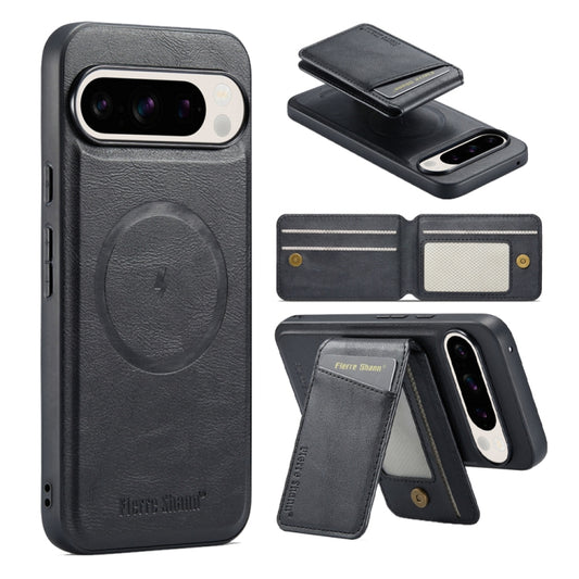 For Google Pixel 9 Pro Fierre Shann Cowhide Vertical Flip Magnetic Card Holder Phone Case(Black) by FIERRE SHANN