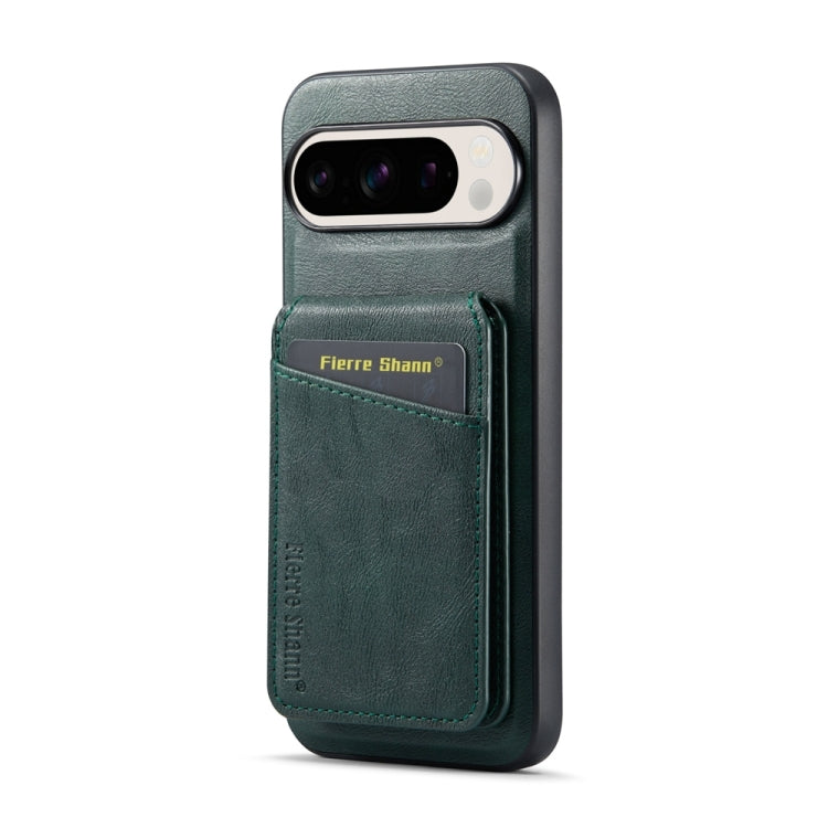 For Google Pixel 9 Pro Fierre Shann Cowhide Vertical Flip Magnetic Card Holder Phone Case(Green) by FIERRE SHANN