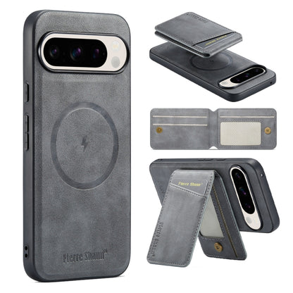 For Google Pixel 9 Pro Fierre Shann Cowhide Vertical Flip Magnetic Card Holder Phone Case(Grey) by FIERRE SHANN