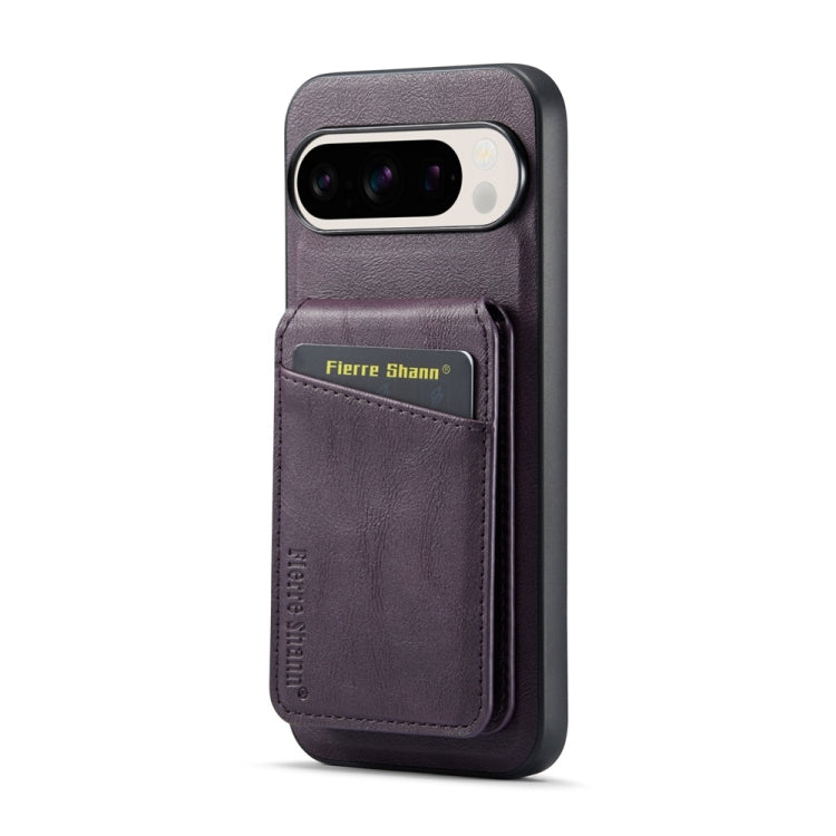 For Google Pixel 9 Fierre Shann Cowhide Vertical Flip Magnetic Card Holder Phone Case(Purple) by FIERRE SHANN