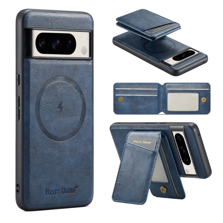 For Google Pixel 7 Pro Fierre Shann Cowhide Vertical Flip Magnetic Card Holder Phone Case(Blue) by FIERRE SHANN